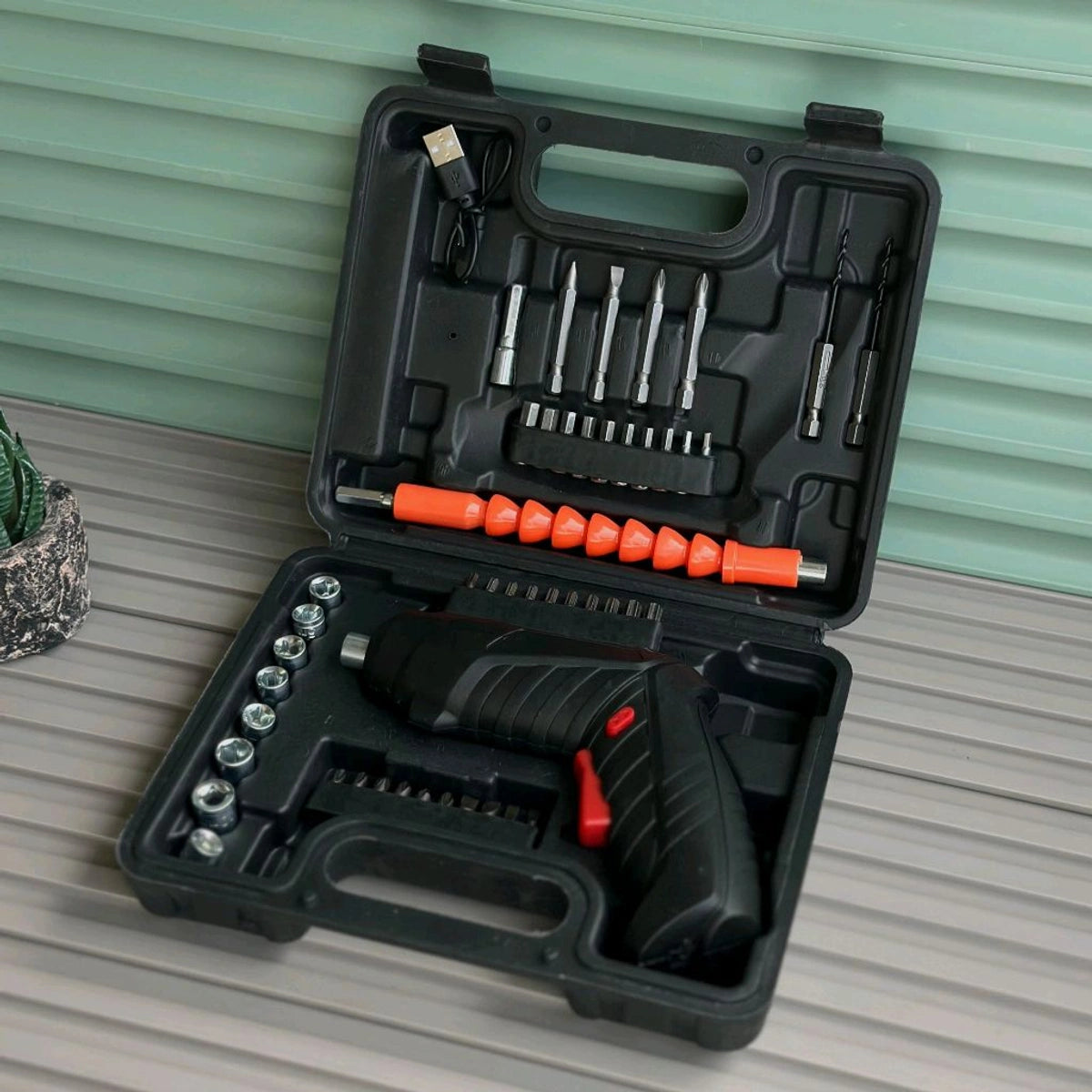 38-in-1 Cordless Rechargeable Screwdriver Drill Kit with LED Light & Flexible Shaft – USB Charging – Portable Toolbox Set for DIY, Home, and Car Repairs