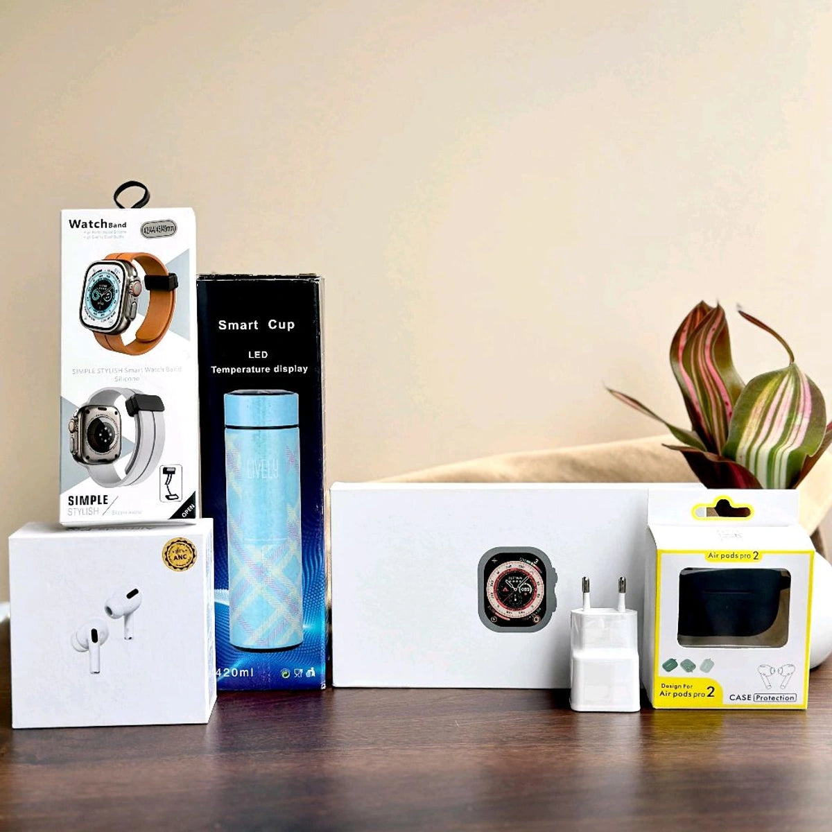 Most Awaited Budget Combo | Series 8 Ultra Smartwatch, Air Pro 2 USA Quality, Temperature Showing Bottle, Magnetic Strap, Adapter With Silicon Pouch