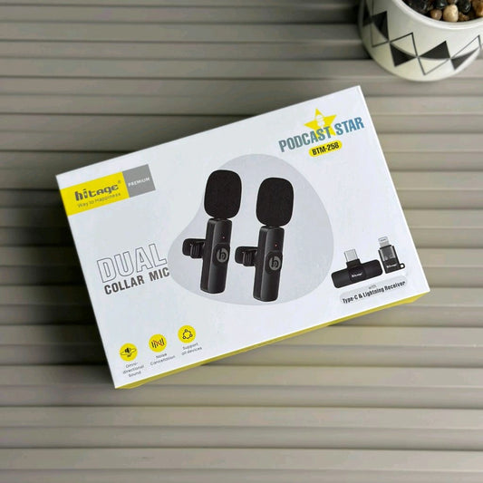 Hitage Premium Dual Wireless Collar Mic – Podcast Star BTM-258 For Type-C & Lightning Devices | Ideal for Vlogging, Interviews, YouTube, Reels, and Classes